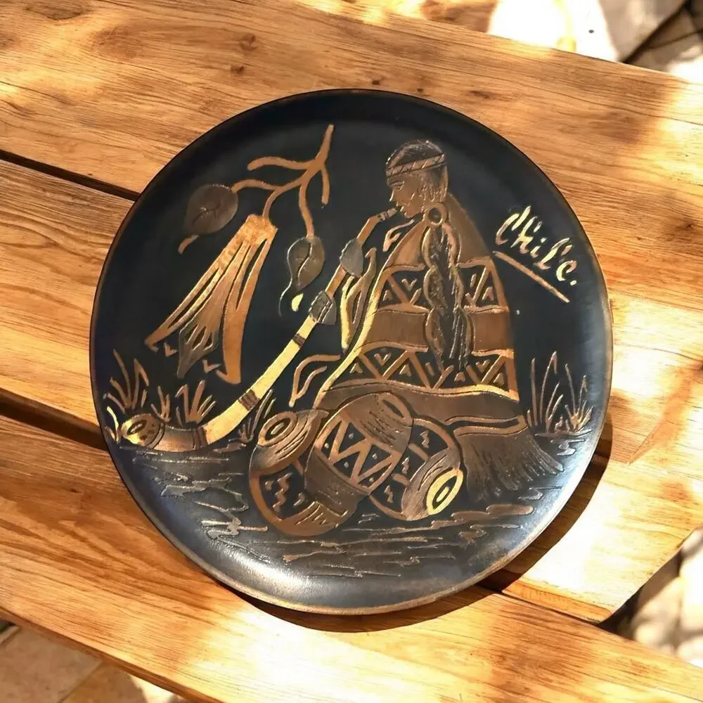 Vintage Chilean Cooper Plate Etched Scene Woman with Horn 5.75” x 5.75”